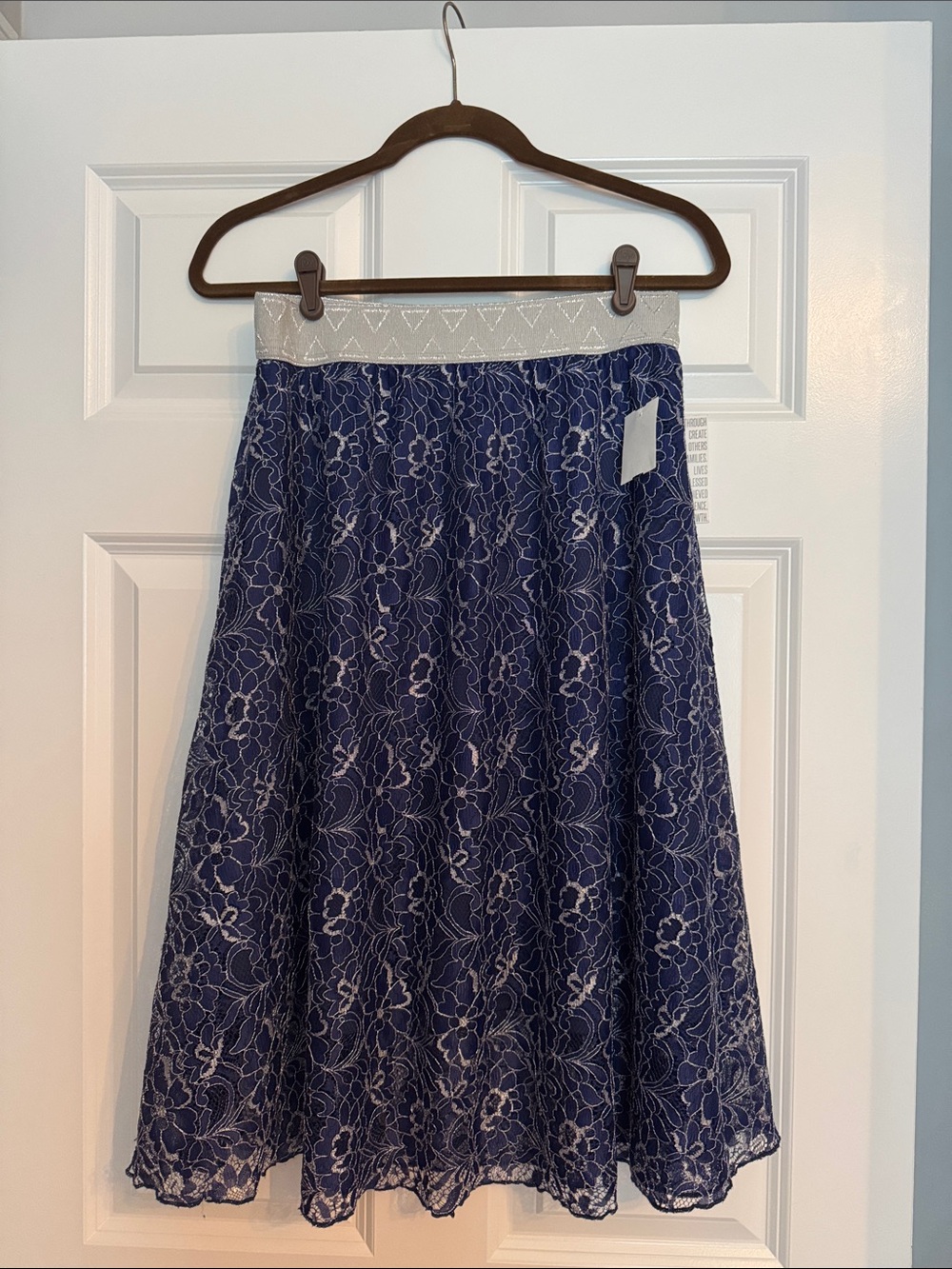 LuLaRoe Navy Lace A-Line Lola Skirt with White Waistband